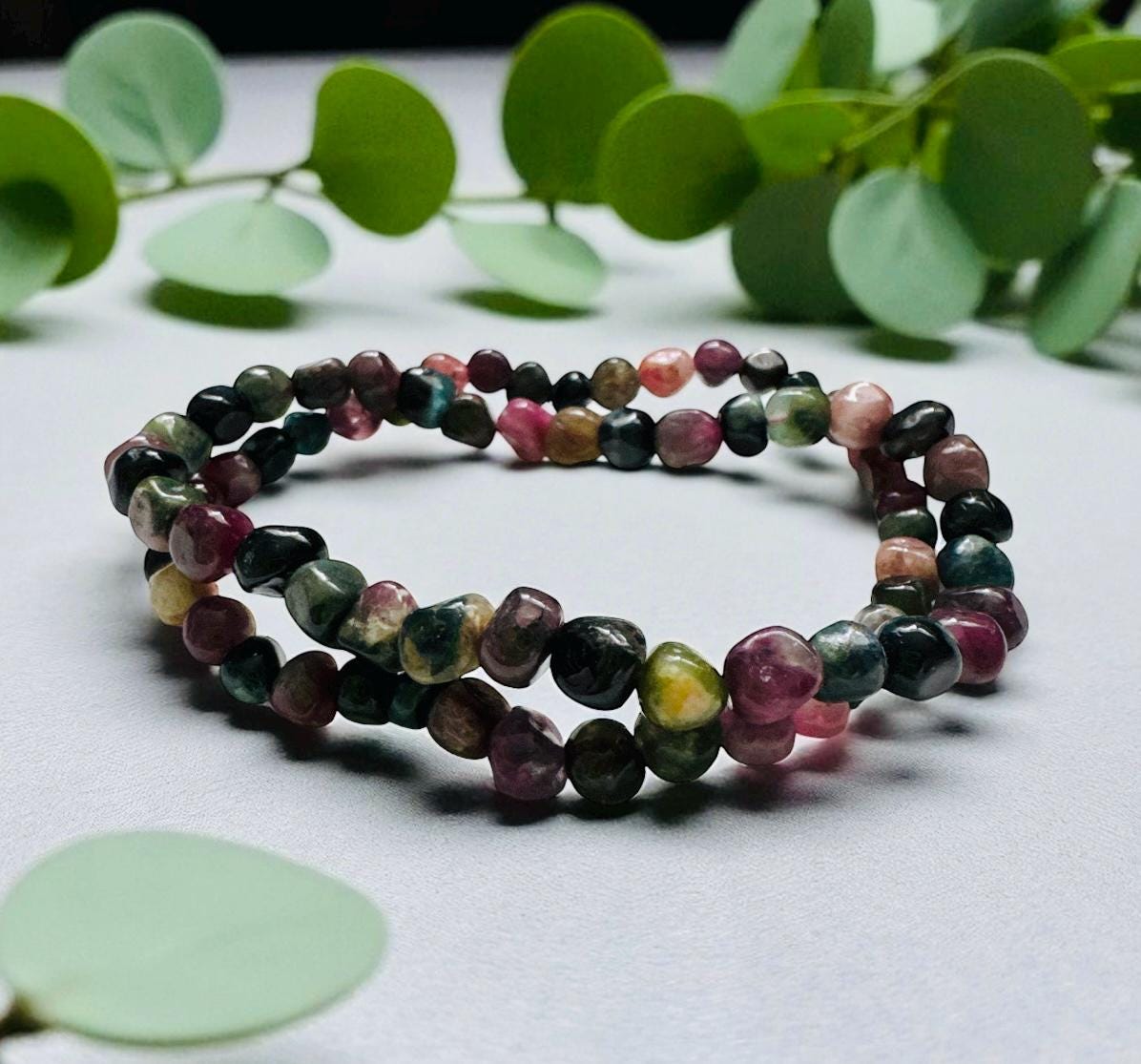 Watermelon Tourmaline Bracelet: Polished Crystal Beads, Joy & Balance - 7.5"