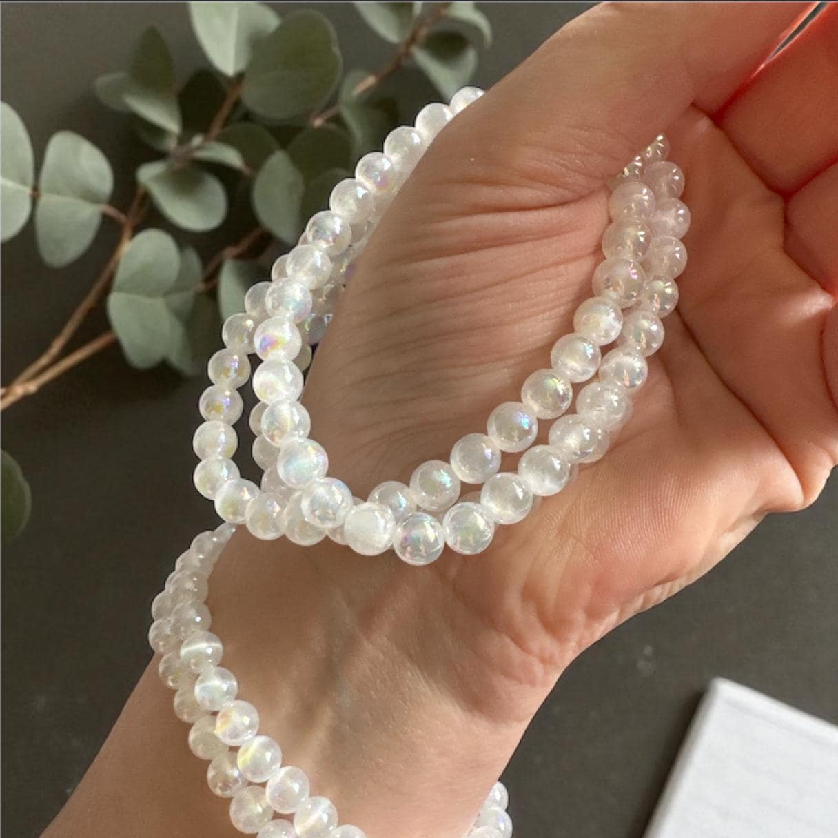 Angel Aura 5mm Quartz Bracelet: Rainbow Shimmer Crystal Jewelry, 7.5"