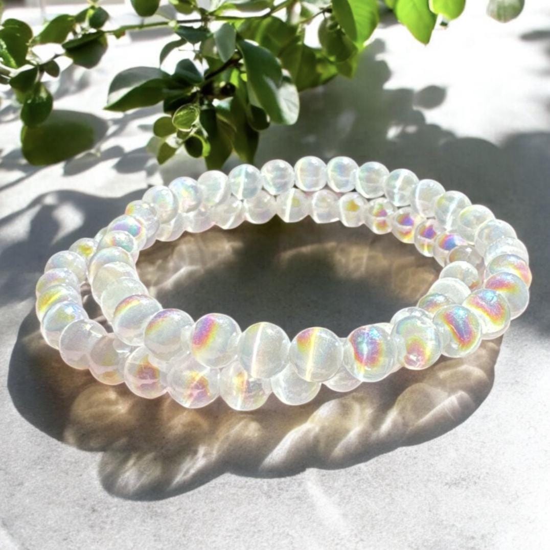 Angel Aura 5mm Quartz Bracelet: Rainbow Shimmer Crystal Jewelry, 7.5"