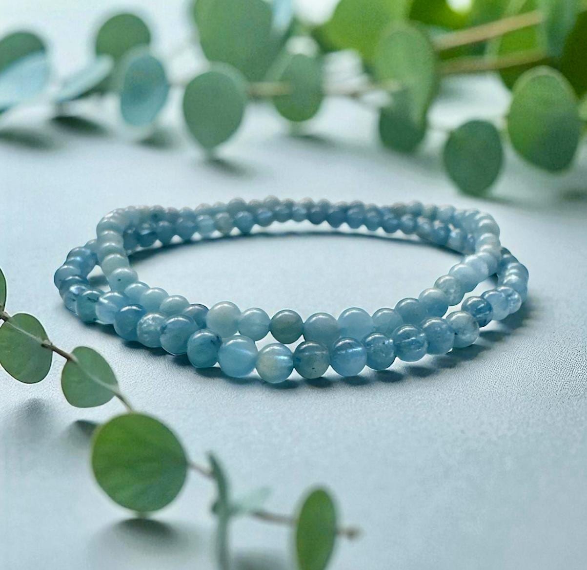 Aquamarine Crystal 3mm Bead Bracelet: Calm Energy, Luna by Louise 7.5"