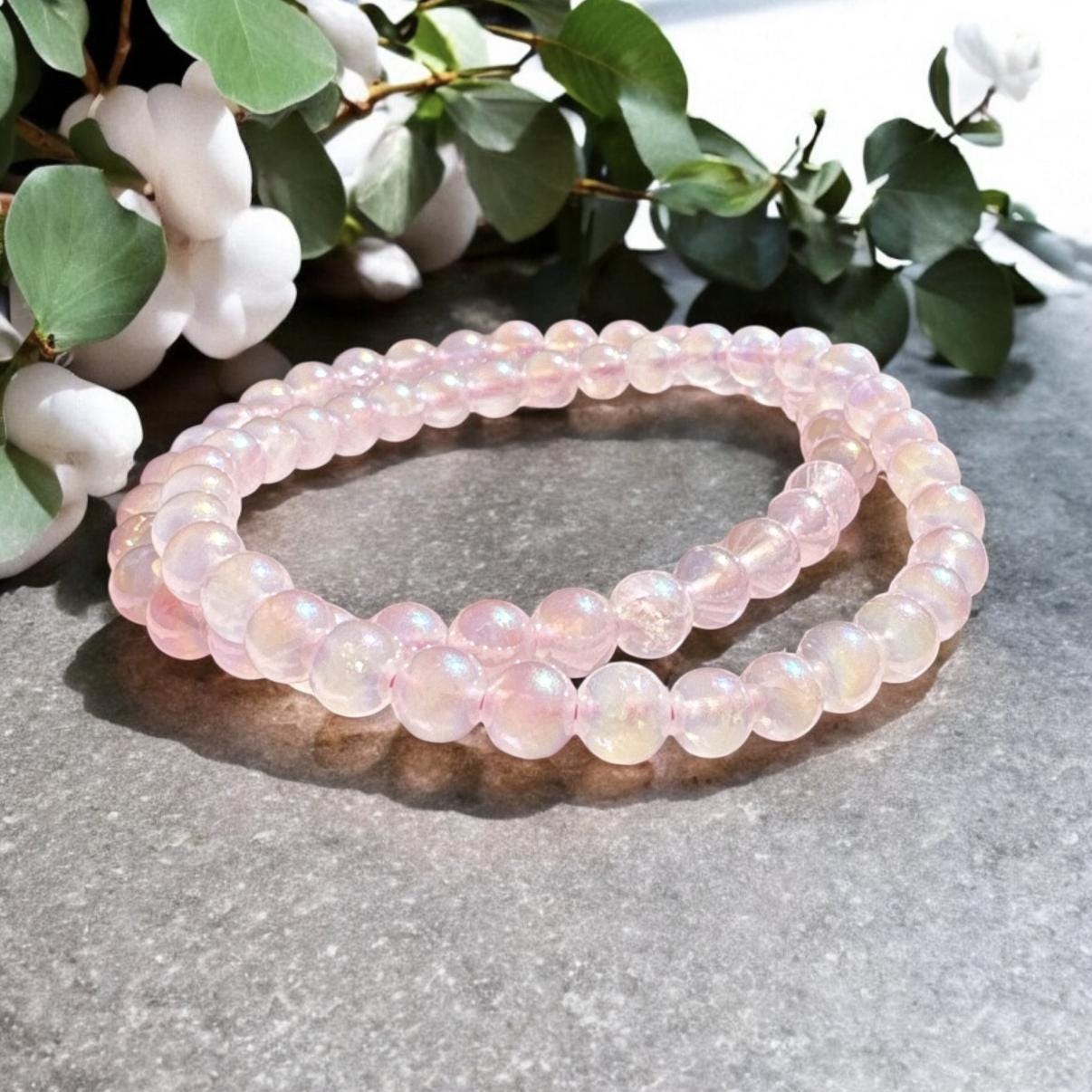 Rose Aura 5mm Quartz Bracelet: Rainbow Shimmer Crystal Jewelry, 7.5"