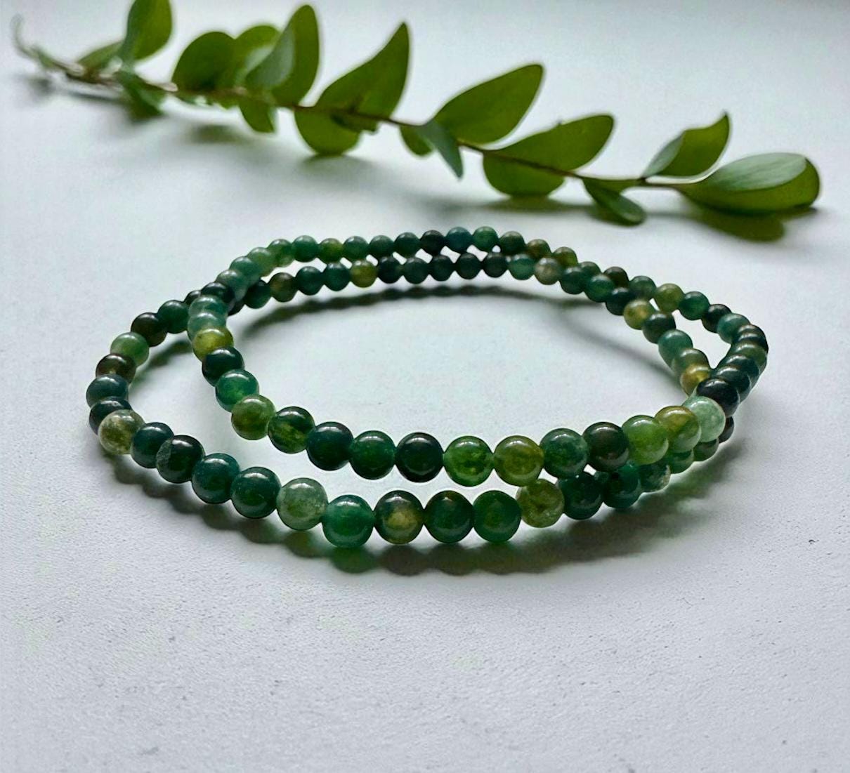 Moss Agate Crystal Bracelet: 3mm Polished Beads, 7.5. Grounding Energy