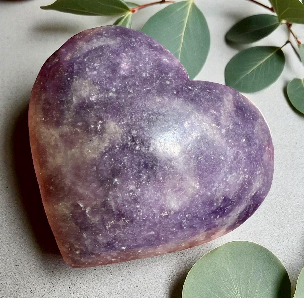 Lepidolite Crystal Heart: Calming Lilac Carving - Luna by Louise