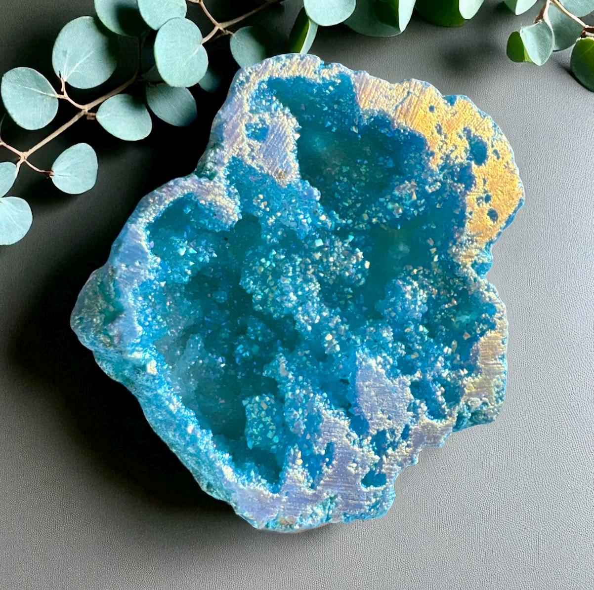 Powder Blue Aura Geode: Ethereal Crystal Keepsake - Gift Boxed