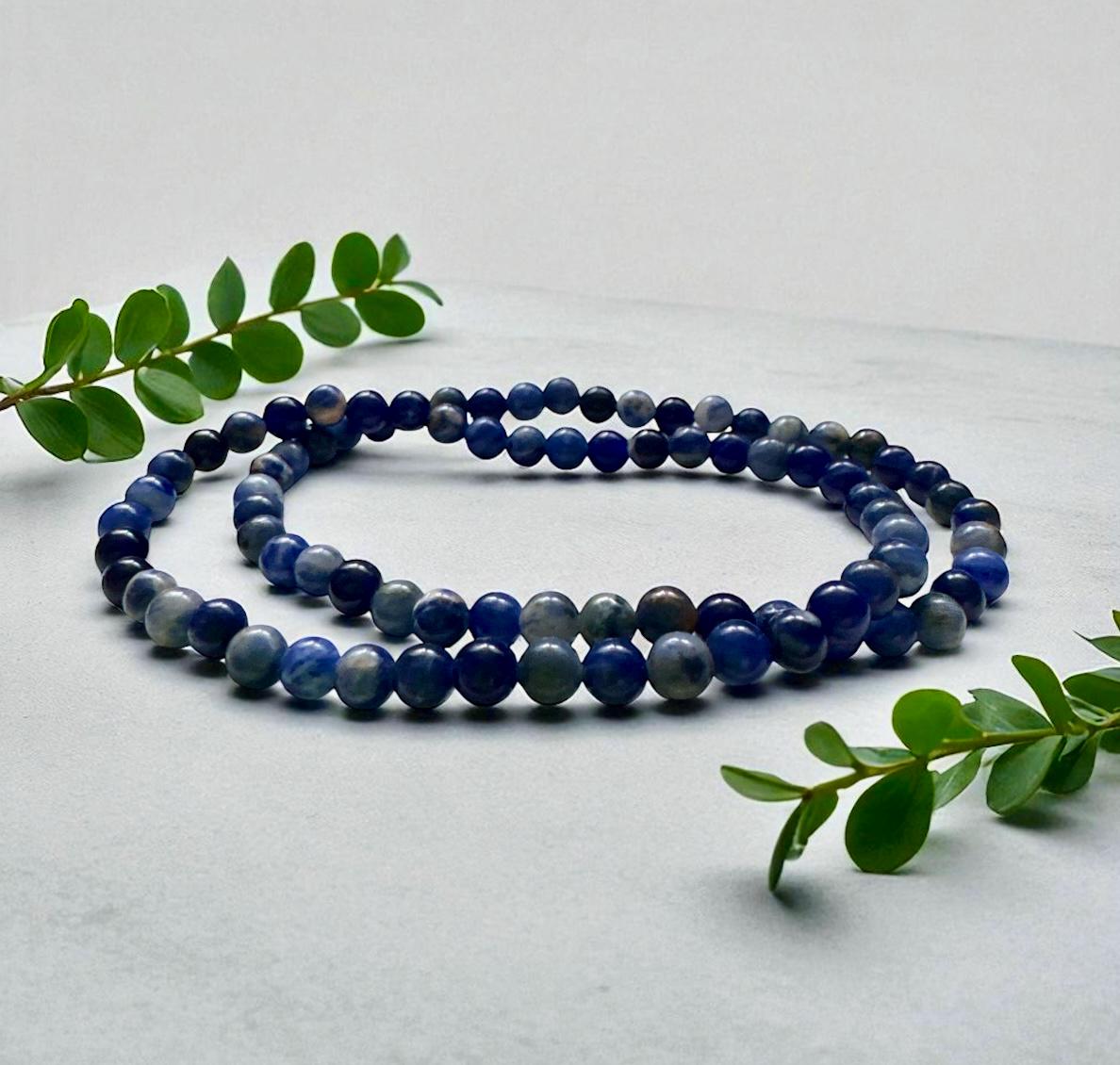 Sodalite Crystal Bracelet: 3mm Polished Blue Beads, Calm & Clarity