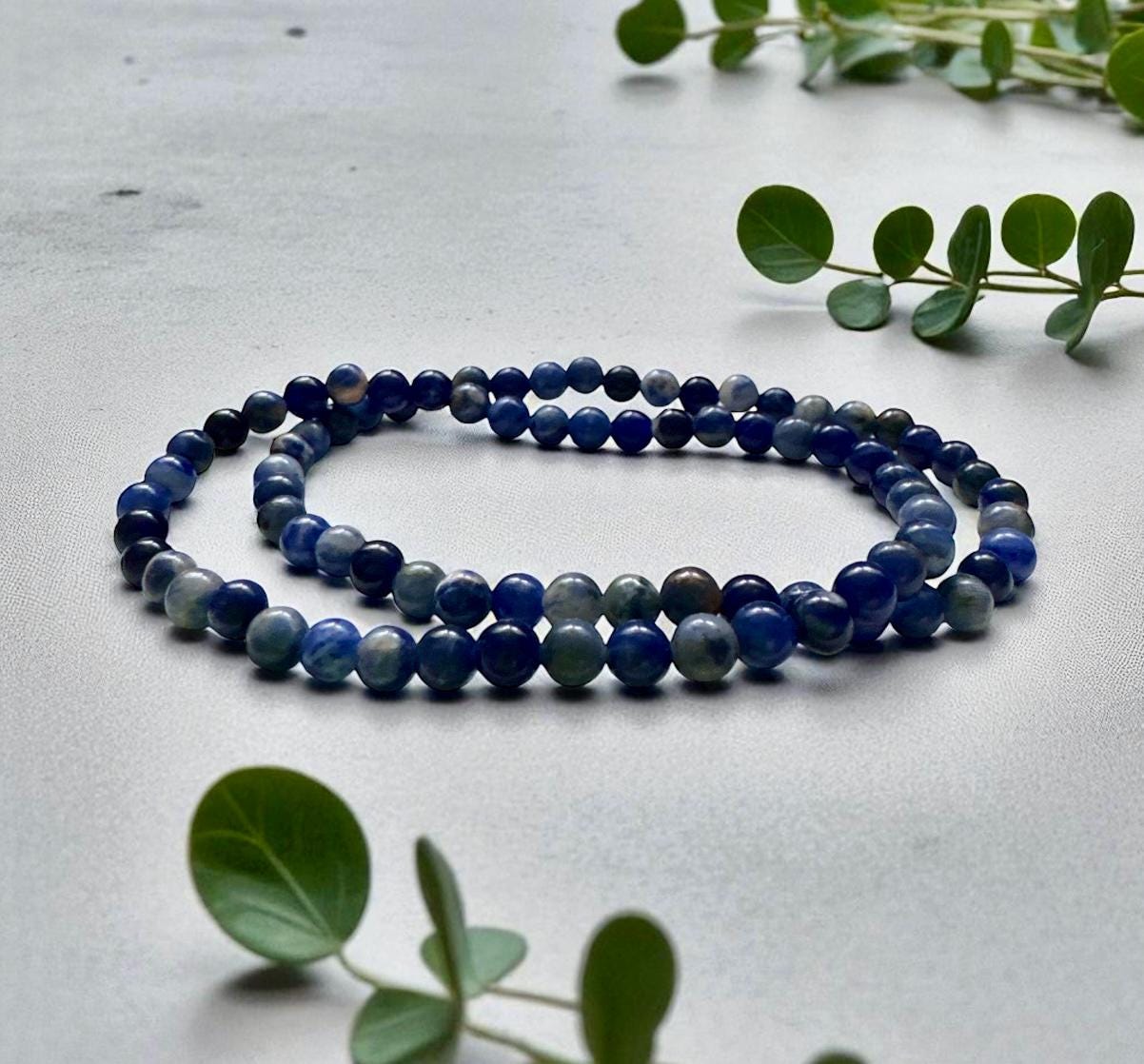 Sodalite Crystal Bracelet: 3mm Polished Blue Beads, Calm & Clarity