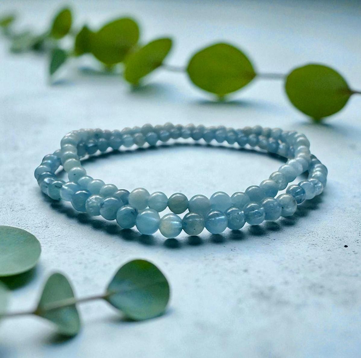 Aquamarine Crystal 3mm Bead Bracelet: Calm Energy, Luna by Louise 7.5"