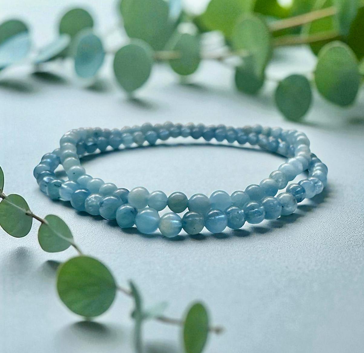 Aquamarine Crystal 3mm Bead Bracelet: Calm Energy, Luna by Louise 7.5"