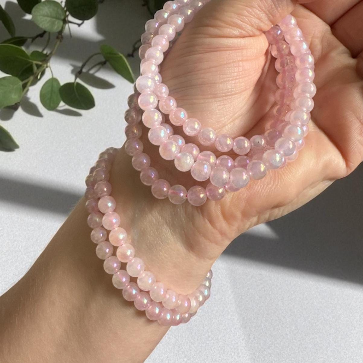 Rose Aura 5mm Quartz Bracelet: Rainbow Shimmer Crystal Jewelry, 7.5"