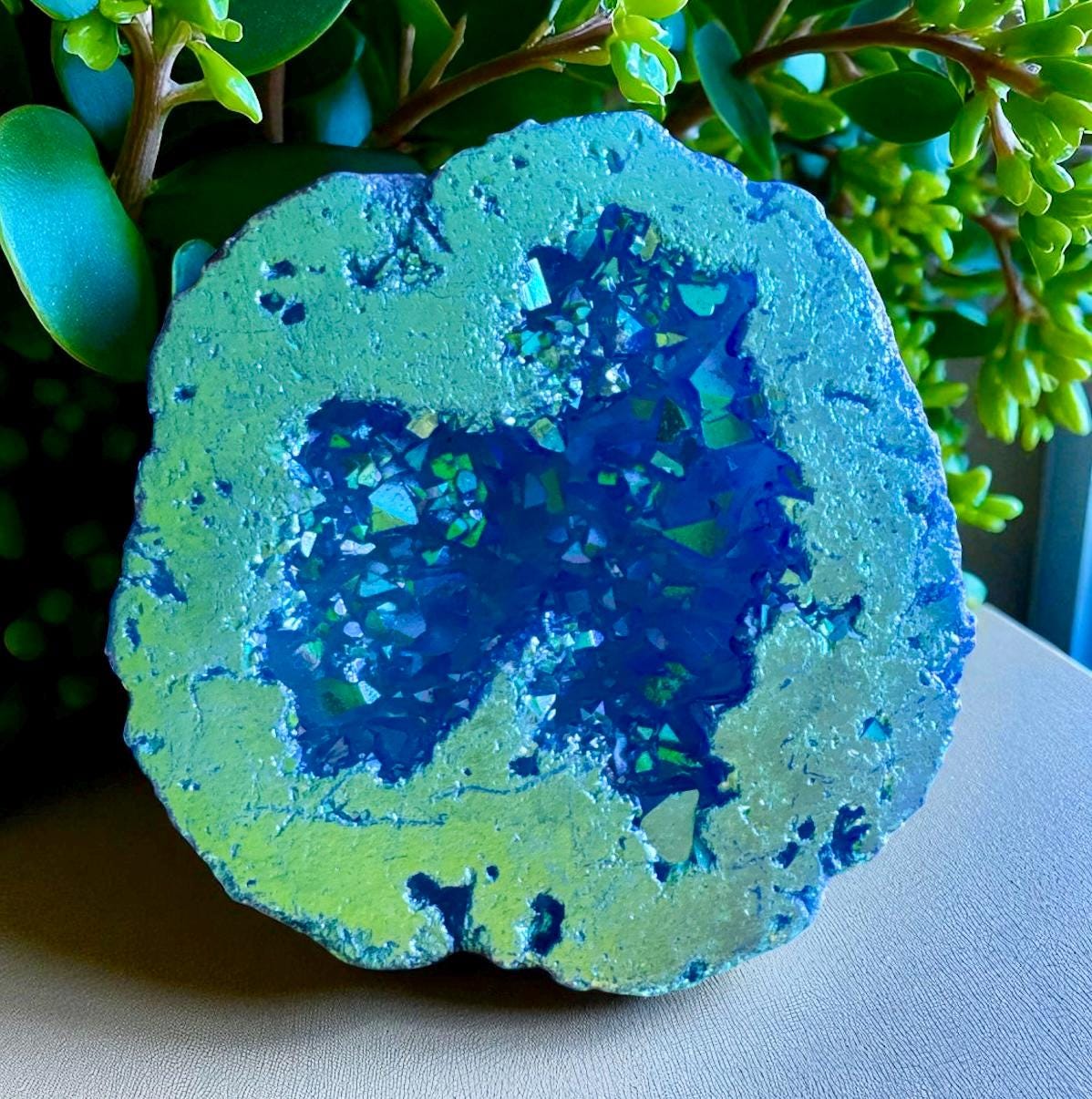 Powder Blue Aura Geode: Ethereal Crystal Keepsake - Gift Boxed