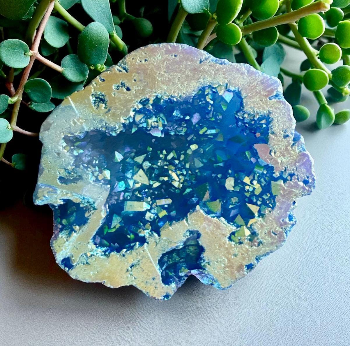 Powder Blue Aura Geode: Ethereal Crystal Keepsake - Gift Boxed