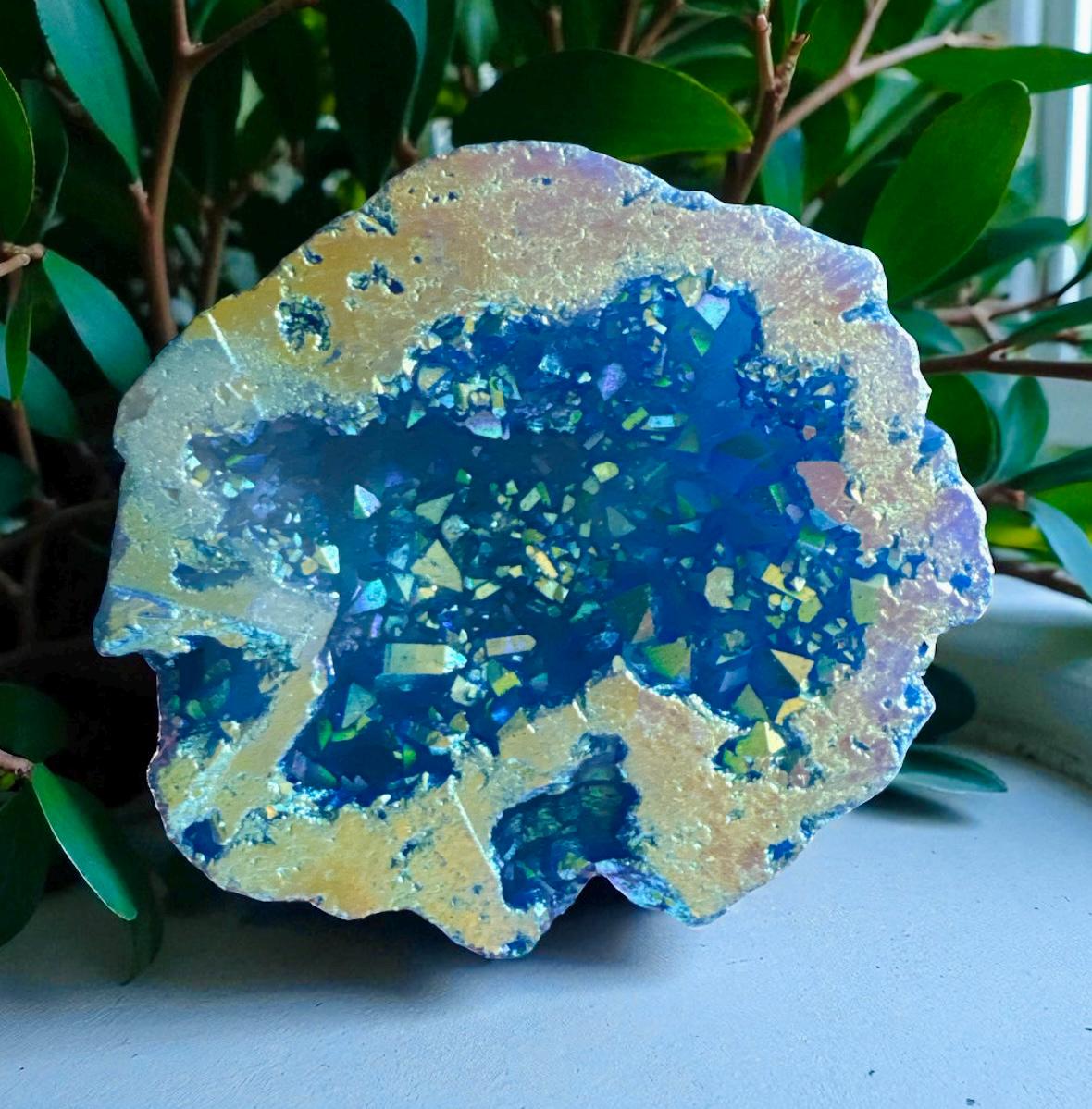 Powder Blue Aura Geode: Ethereal Crystal Keepsake - Gift Boxed