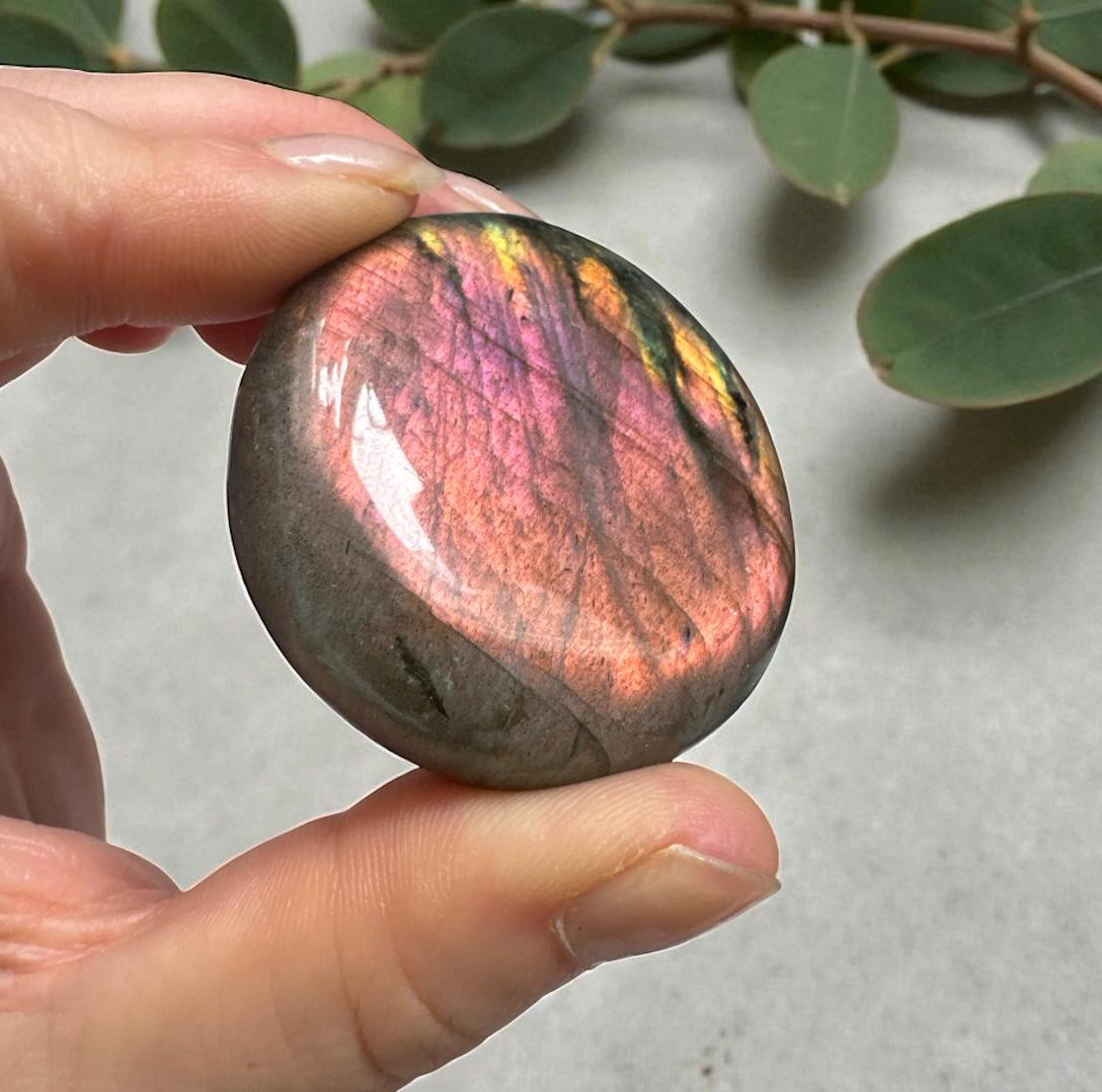 Sunset Flash Labradorite round and Flat Worry/Palm Stone: Vivid Pink, Purple & Orange