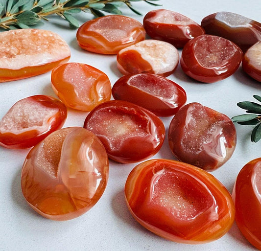 Carnelian Druzy Palm Stone: Fiery Orange Crystal for Passion & Creativity