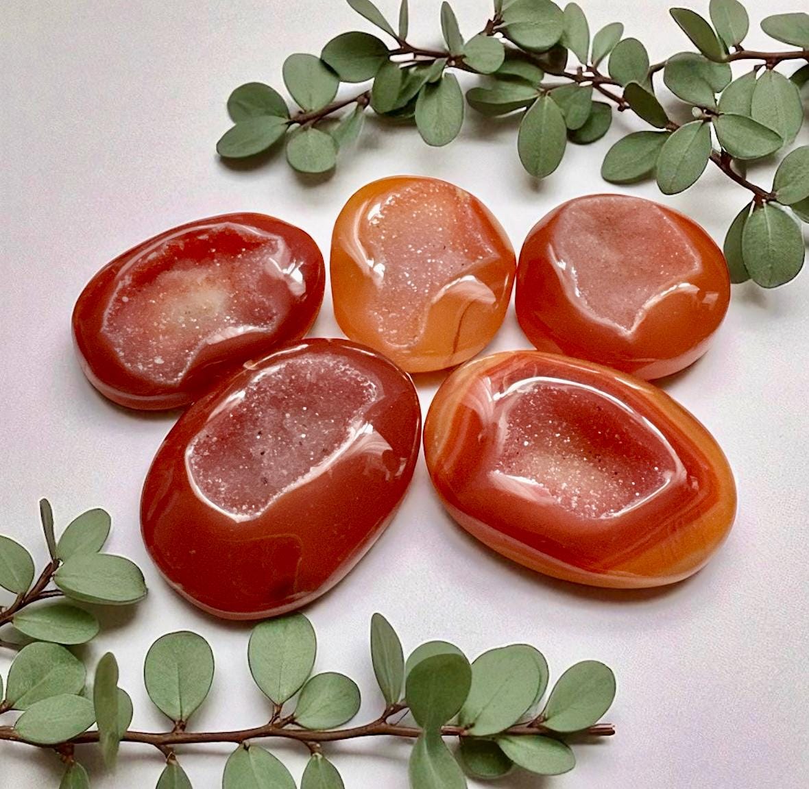 Carnelian Druzy Palm Stone: Fiery Orange Crystal for Passion & Creativity
