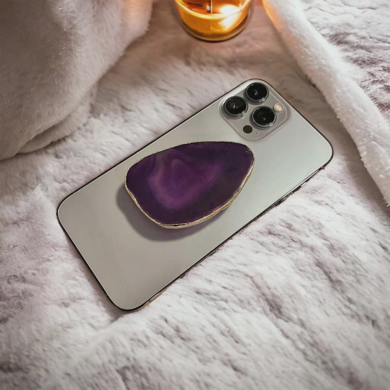 Purple Agate Phone Grip – Gold Electroplated Crystal for Intuition, Balance & Creativity | Crystal Phone Accessory