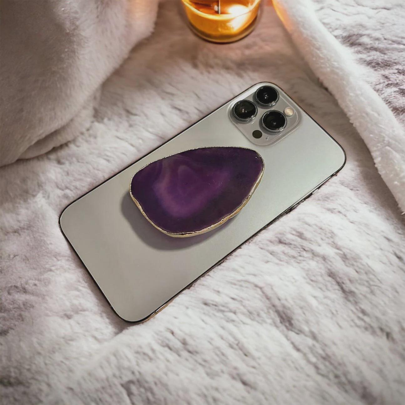 Purple Agate Phone Grip – Gold Electroplated Crystal for Intuition, Balance & Creativity | Crystal Phone Accessory