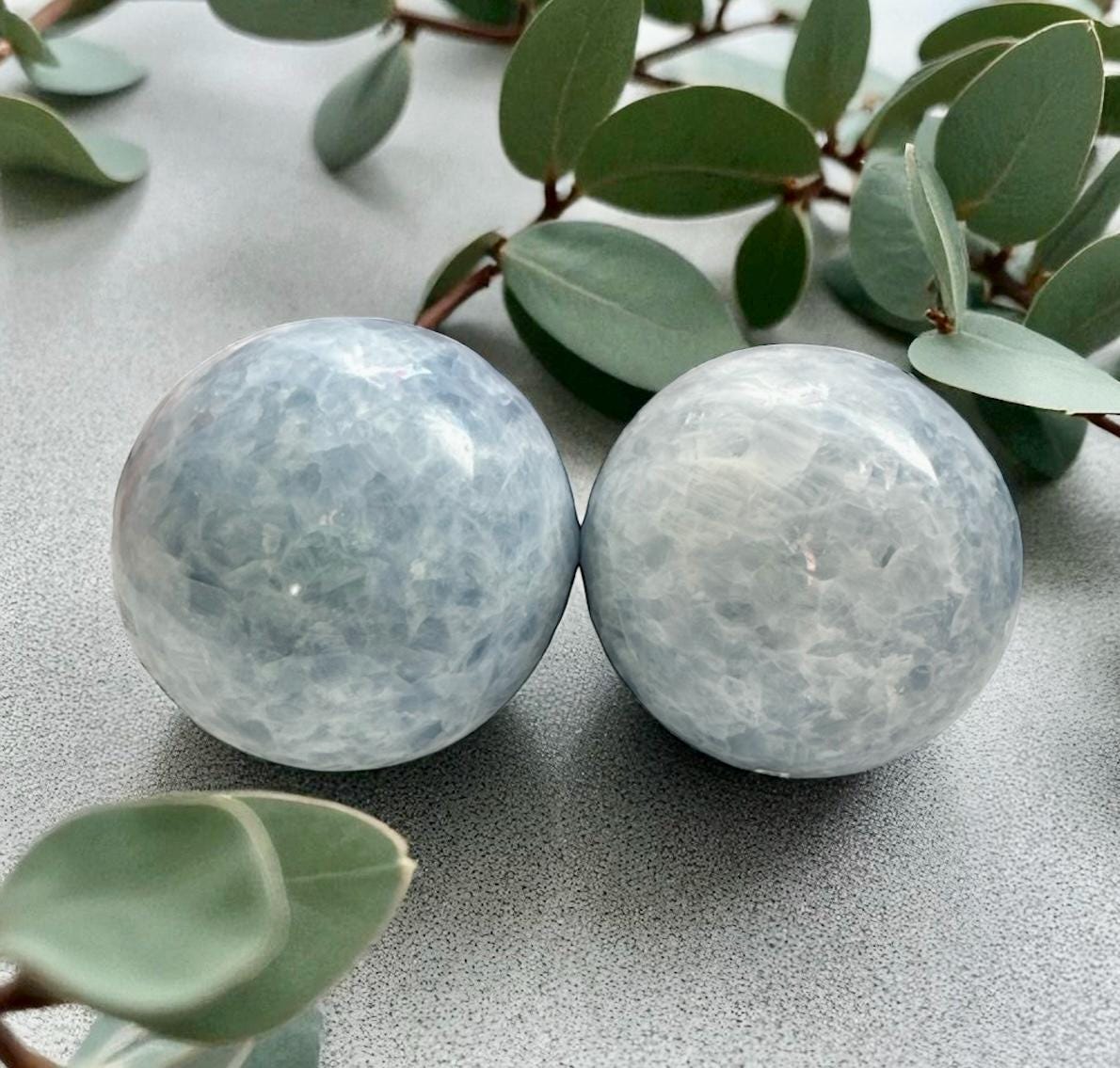 Blue Calcite Sphere – Polished Healing Crystal Ball for Calm, Peace & Communication | Soothing Crystal Energy. 70-80mm
