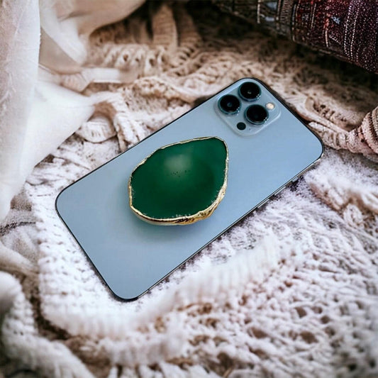 Green Agate Crystal Phone Grip: Gold Electroplated Balance & Protection