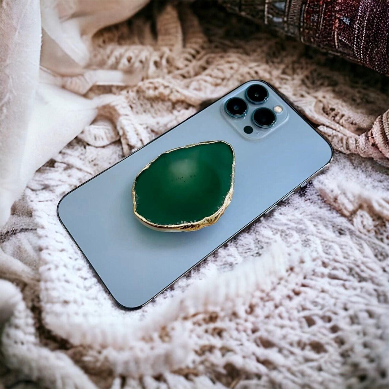 Green Agate Crystal Phone Grip: Gold Electroplated Balance & Protection