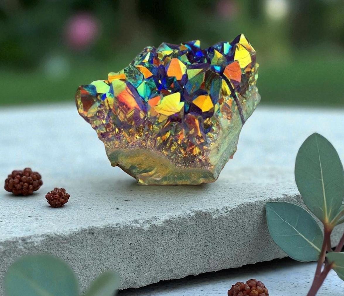Rainbow Aura Amethyst Cluster: Calming Meditation Crystal
