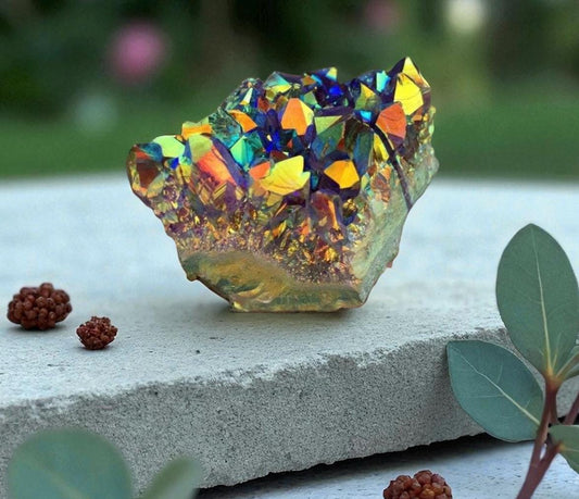 Rainbow Aura Amethyst Cluster: Calming Meditation Crystal