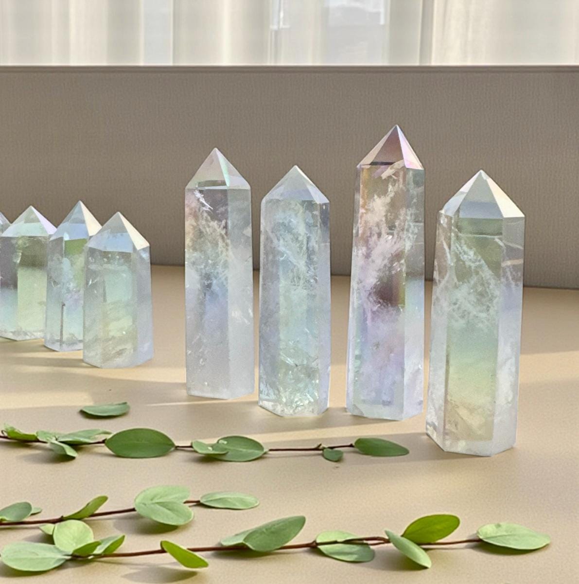 Mini Angel Aura Quartz Crystal Tower: Rainbow Opal Aura Obelisk