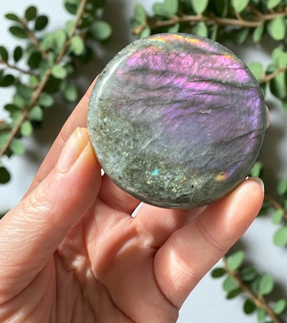 Sunset Flash Labradorite round and Flat Worry/Palm Stone: Vivid Pink, Purple & Orange