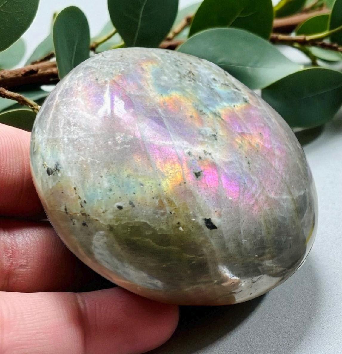 Sunset Labradorite Palm Stone: Pink - Purple - Gold and Blues. Calming Crystal for Meditation