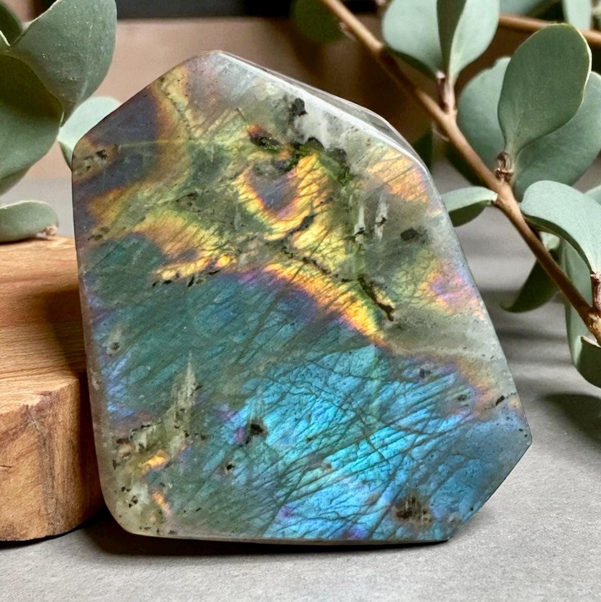 Polished Sunset Labradorite Crystal: Pink, Purple, Gold Flash