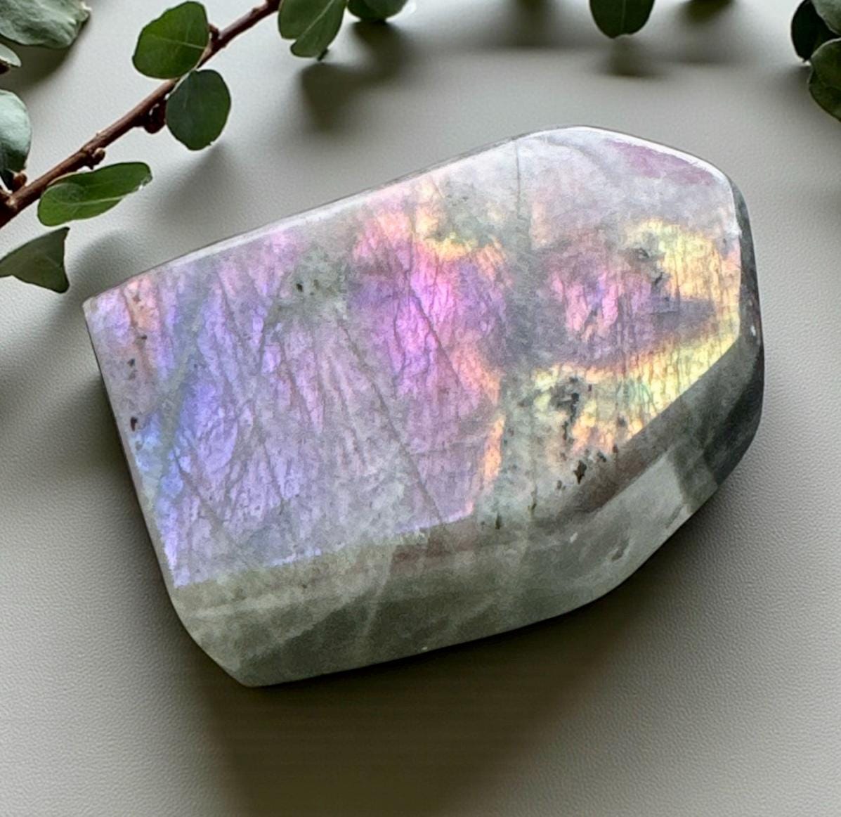 Polished Sunset Labradorite Crystal: Pink, Purple, Gold Flash