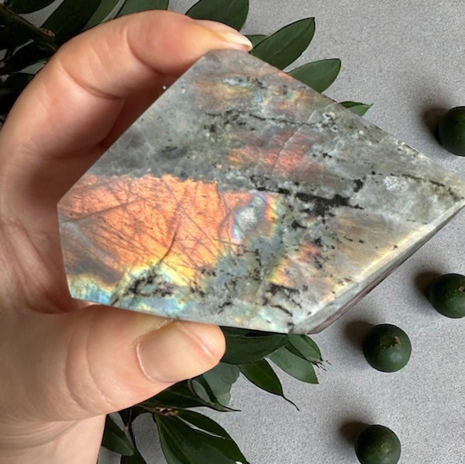 Polished Sunset Labradorite Crystal: Pink, Purple, Gold Flash