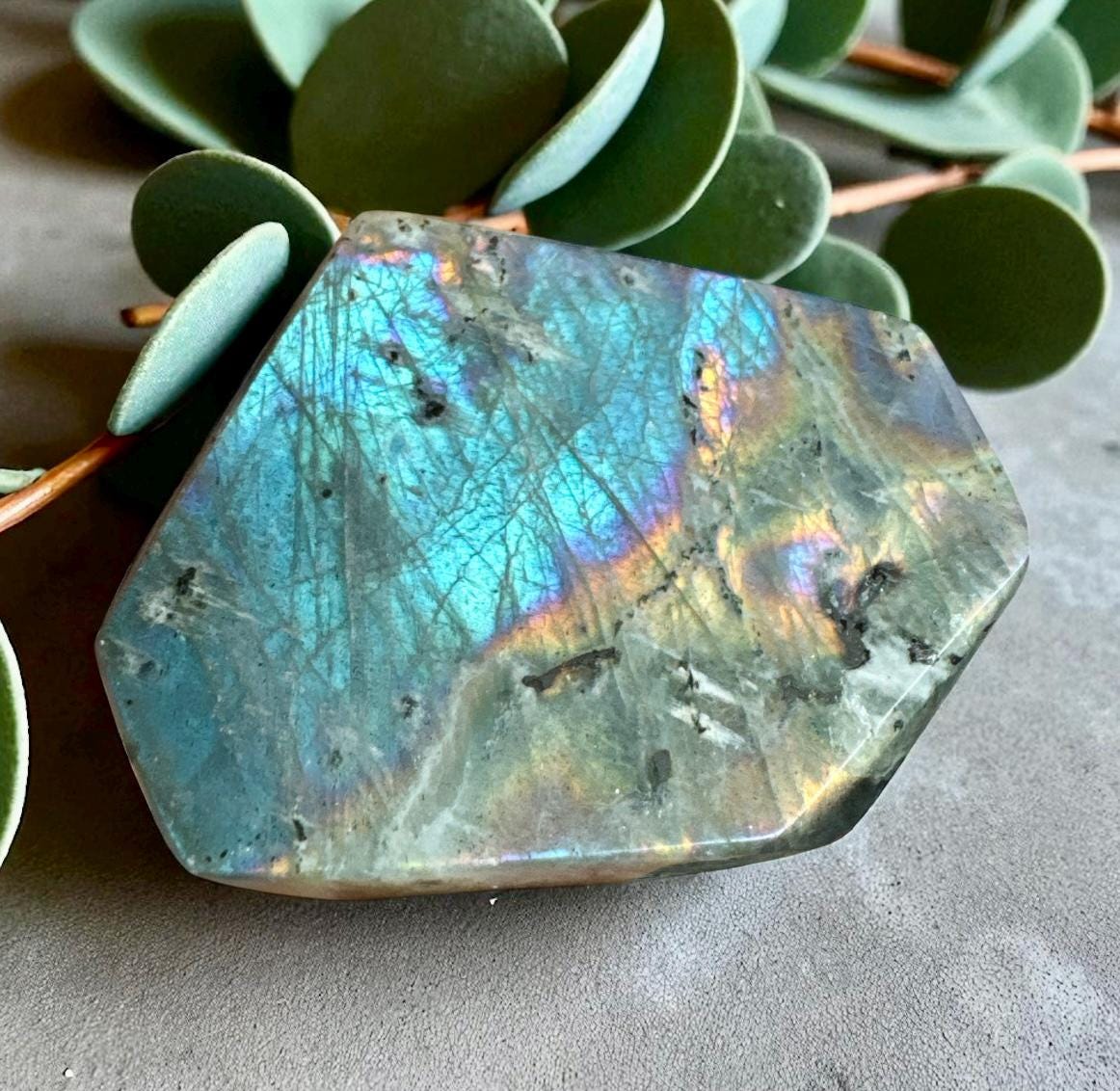 Polished Sunset Labradorite Crystal: Pink, Purple, Gold Flash