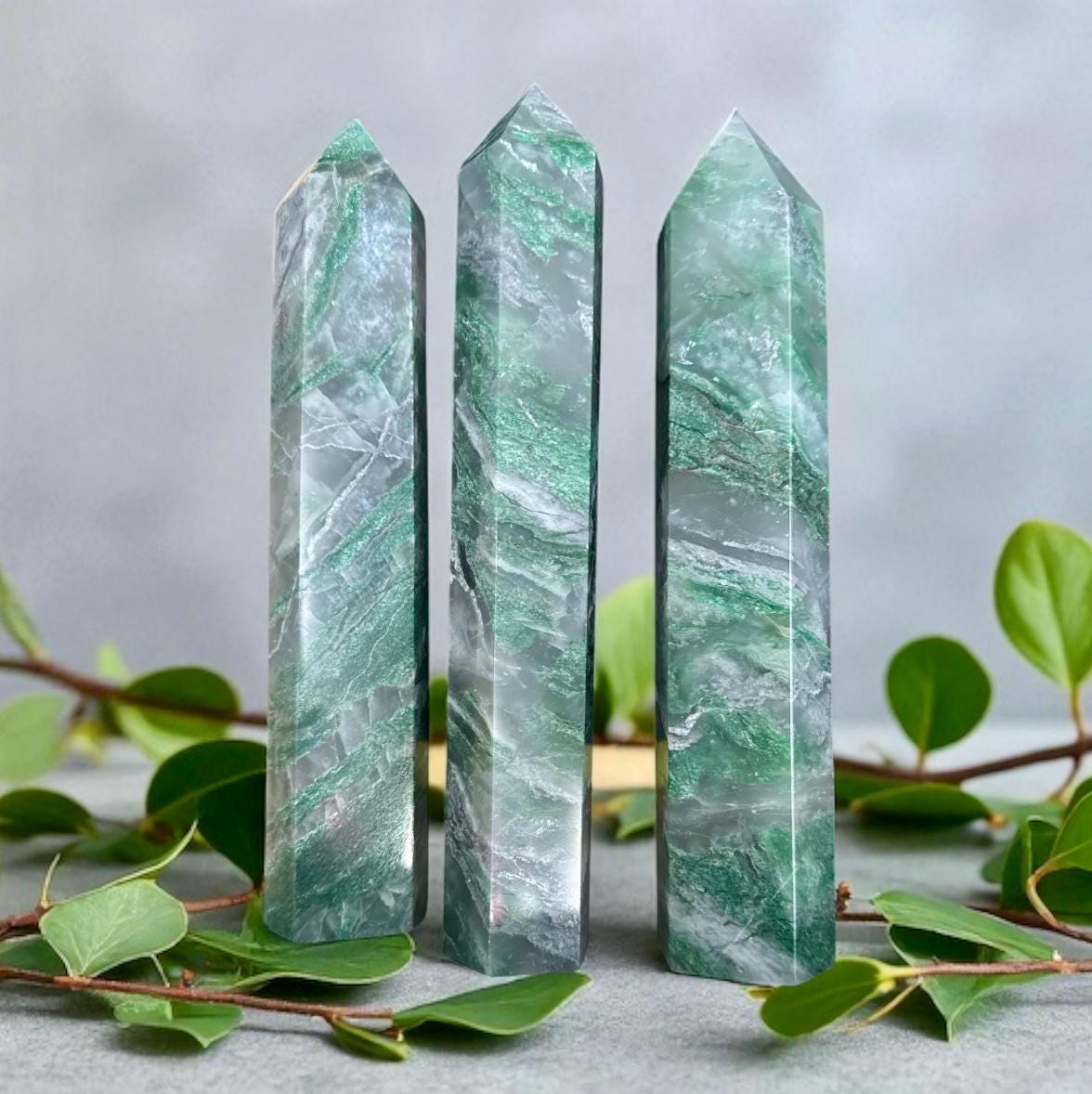 Large Moss Agate Tower – Polished Healing Crystal Obelisk for Growth, Balance and Connection to Nature. Statement Crystal Piece