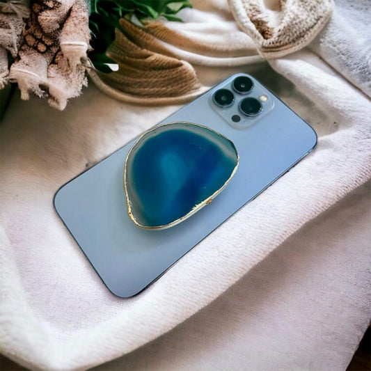 Blue Agate Crystal Phone Grip: Gold Electroplated Healing Accessory