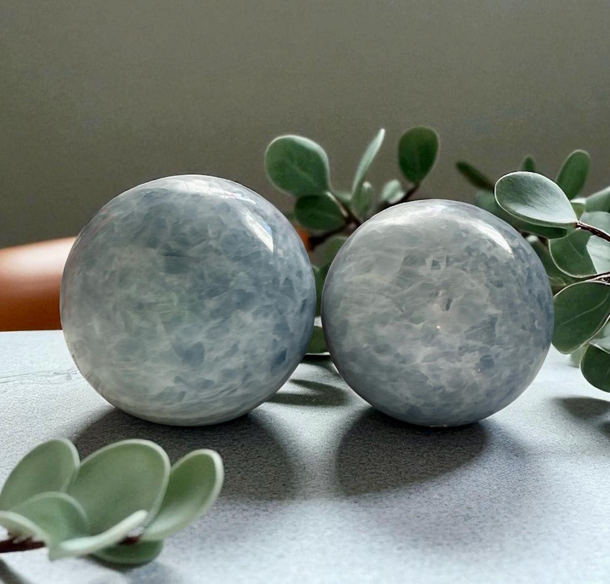 Blue Calcite Sphere – Polished Healing Crystal Ball for Calm, Peace & Communication | Soothing Crystal Energy. 70-80mm