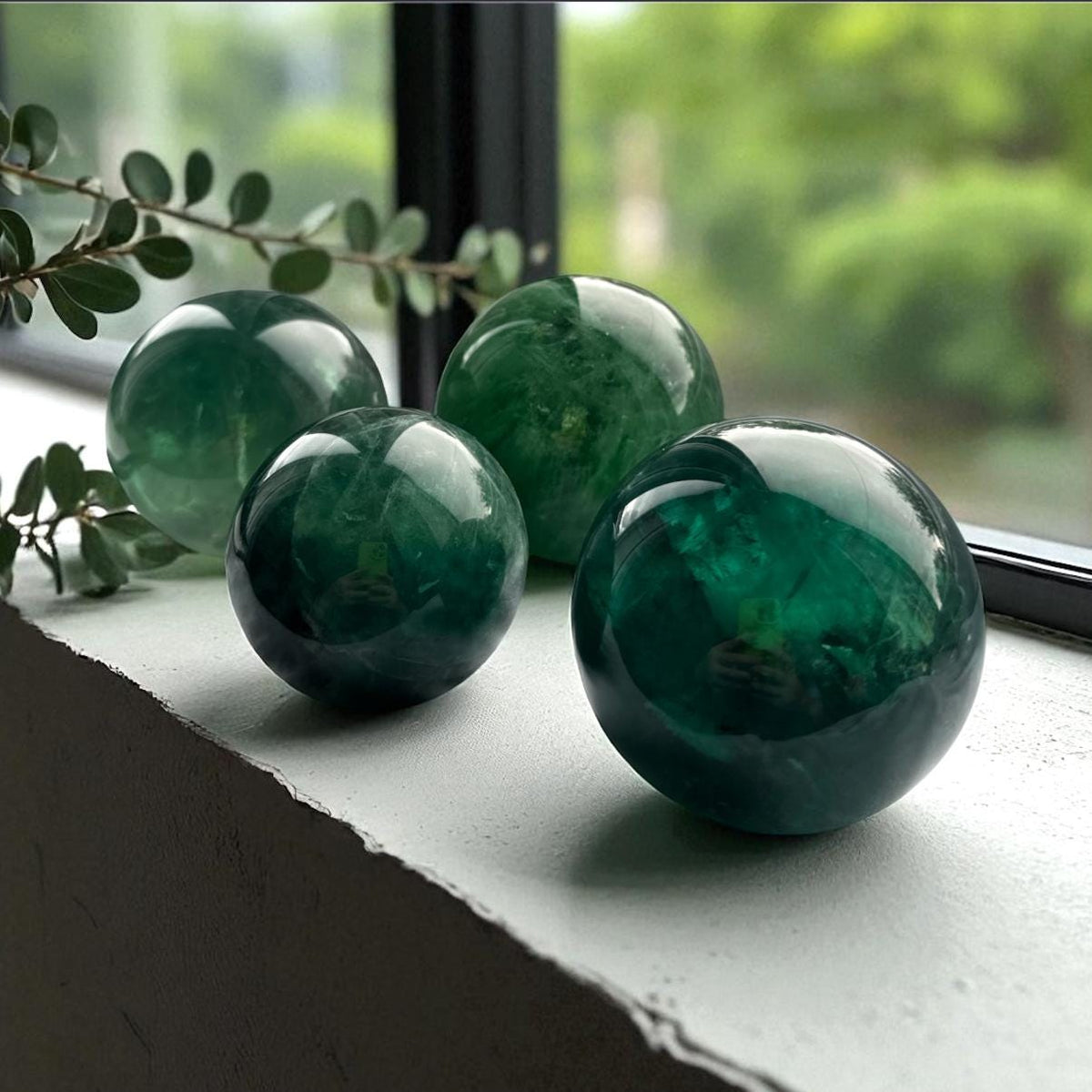 Green Fluorite Sphere Lamp, Wooden Branch Base, USB Powered