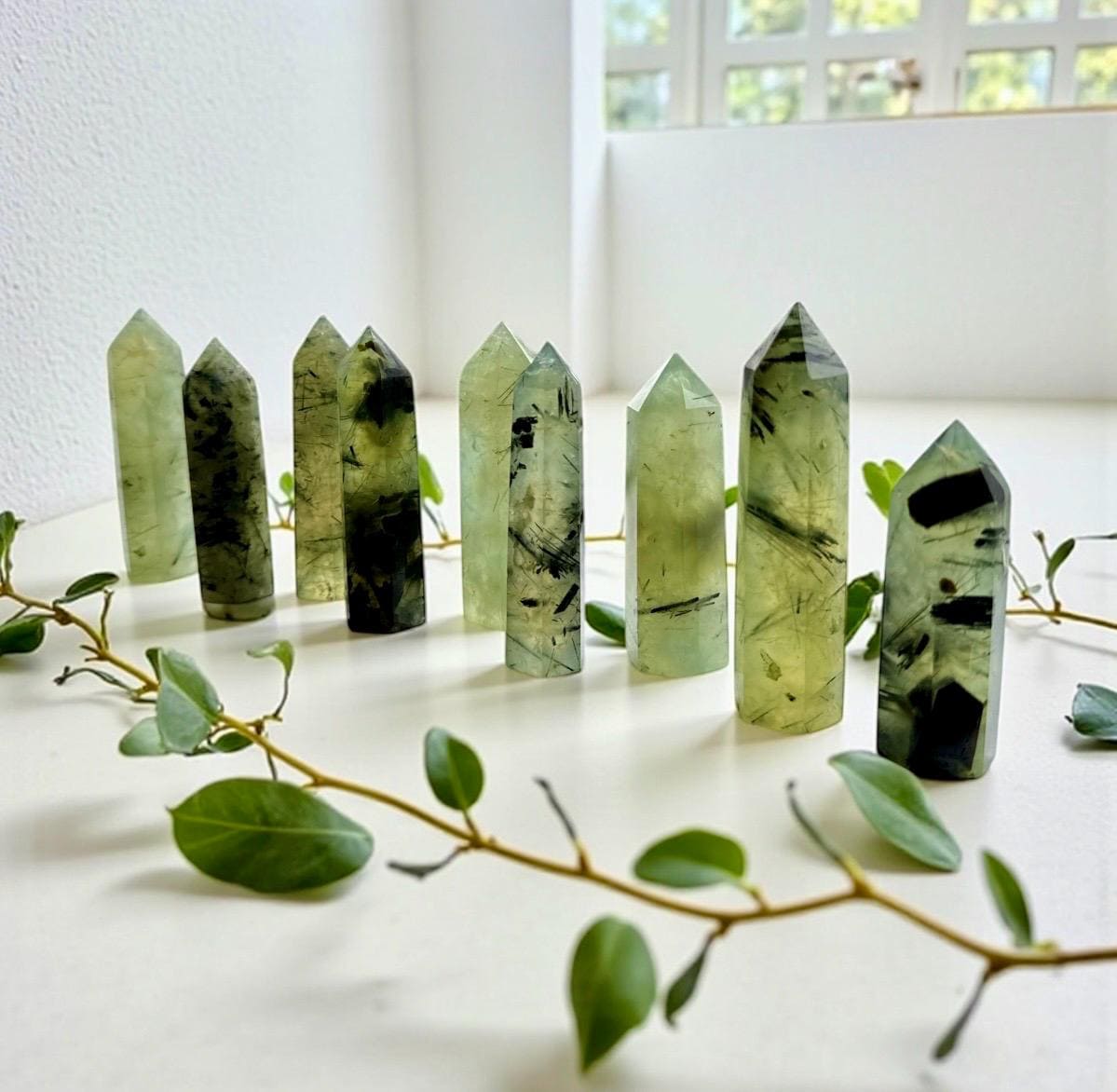 Prehnite Crystal Point with Black Tourmaline Rutile - Healing Stone