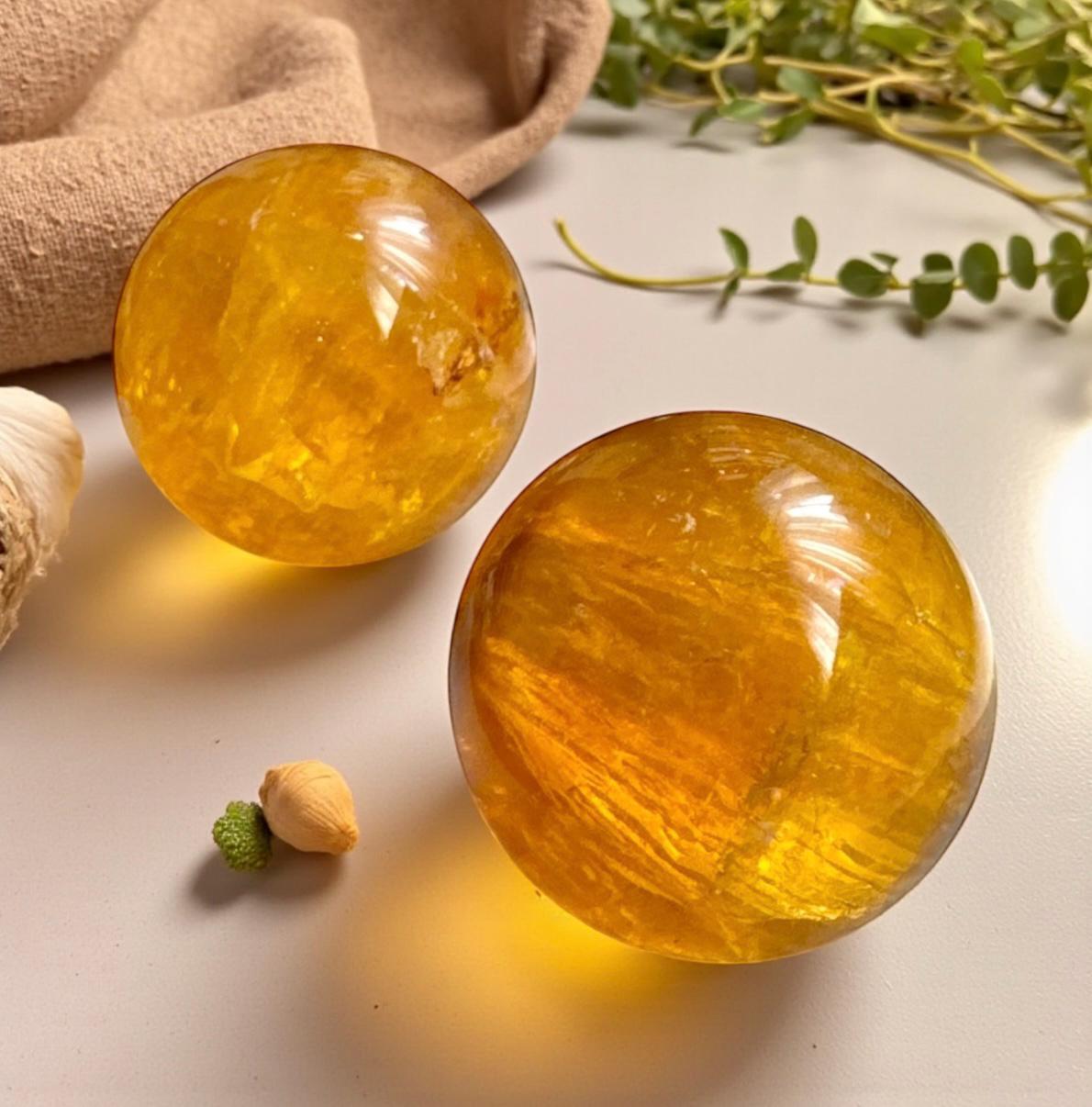 Yellow Fluorite Sphere with Mica: Crystal Healing, Confidence & Creativity