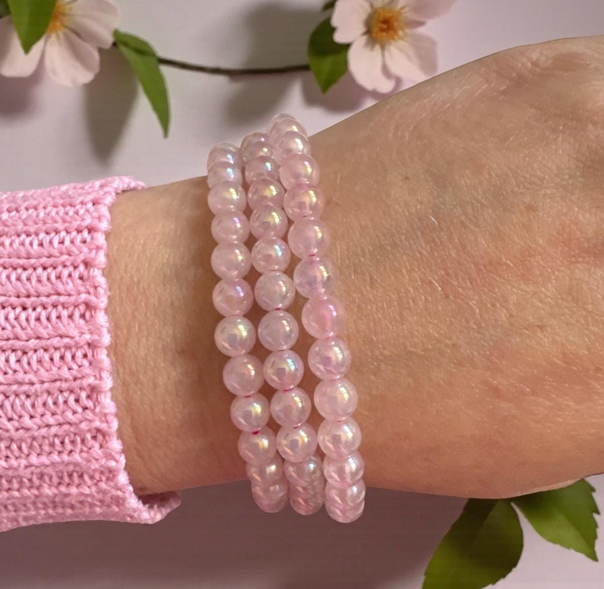 Rose Aura 5mm Quartz Bracelet: Rainbow Shimmer Crystal Jewelry, 7.5"