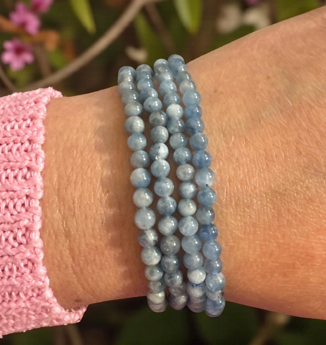 Aquamarine Crystal 3mm Bead Bracelet: Calm Energy, Luna by Louise 7.5"