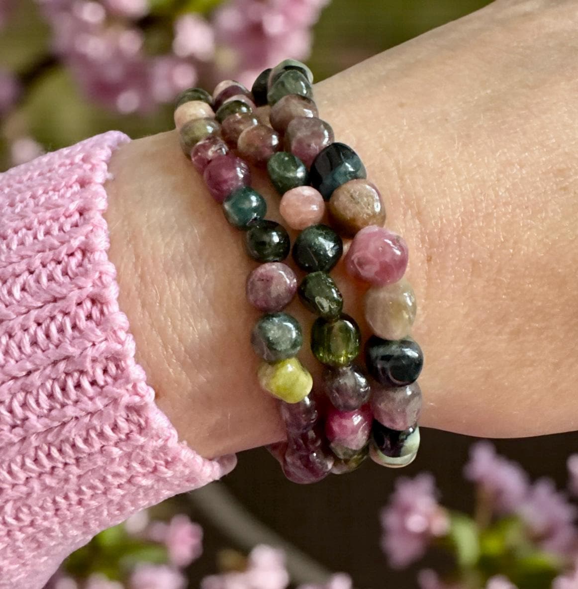 Watermelon Tourmaline Bracelet: Polished Crystal Beads, Joy & Balance - 7.5"