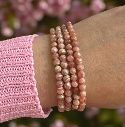 Rhodochrosite Beaded Bracelet: 4mm Crystal, Heart Healing (7.5")