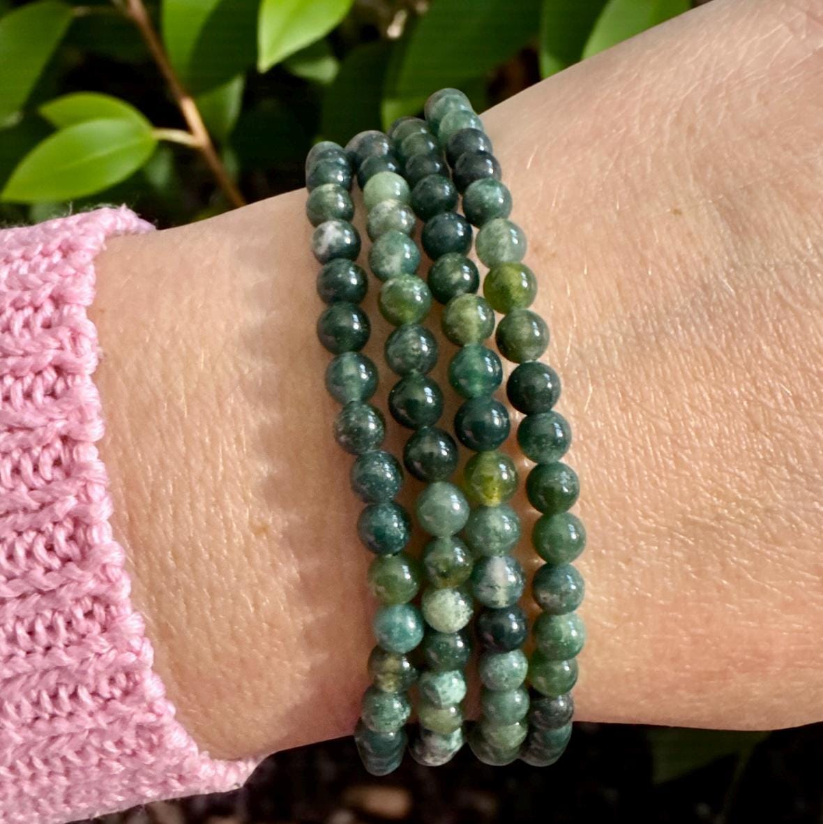 Moss Agate Crystal Bracelet: 3mm Polished Beads, 7.5. Grounding Energy