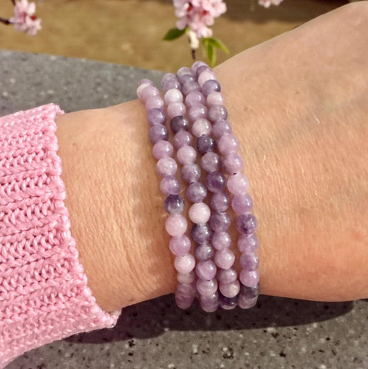 Lepidolite Crystal Bracelet: 3mm Polished Beads, Calm & Balance