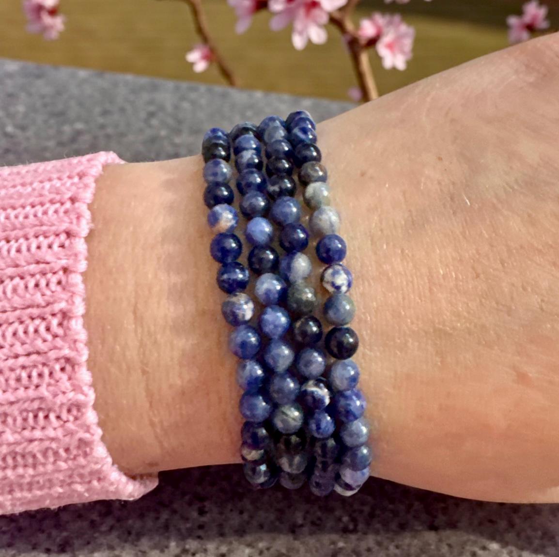 Sodalite Crystal Bracelet: 3mm Polished Blue Beads, Calm & Clarity