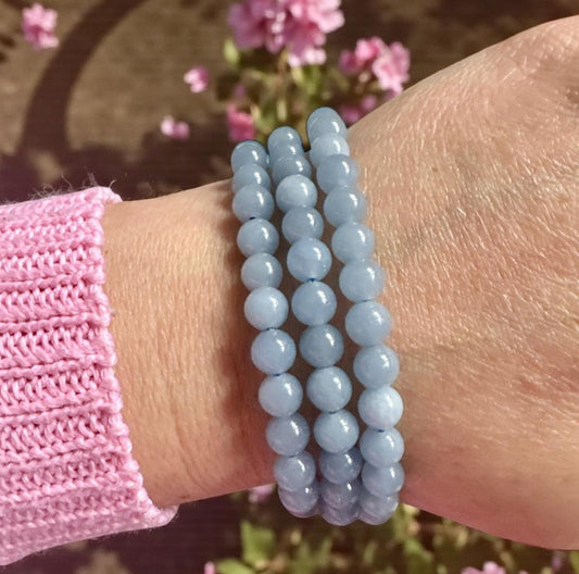 Angelite Crystal 6mm Bead Bracelet: Calm Energy, Luna by Louise 7.5"