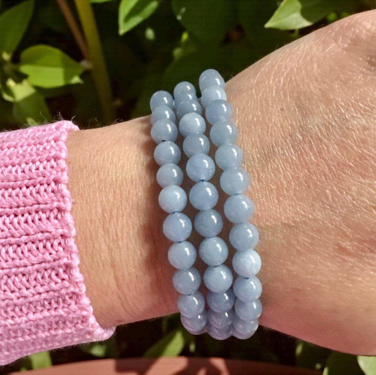 Angelite Crystal 6mm Bead Bracelet: Calm Energy, Luna by Louise 7.5"
