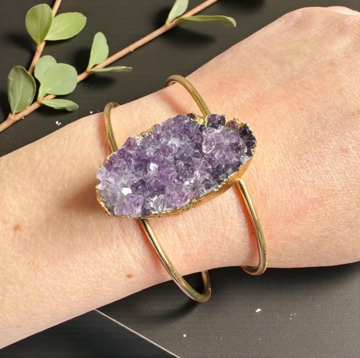Amethyst Druzy Cuff Bangle: Crystal Healing Bangle. Handmade Gold Plated