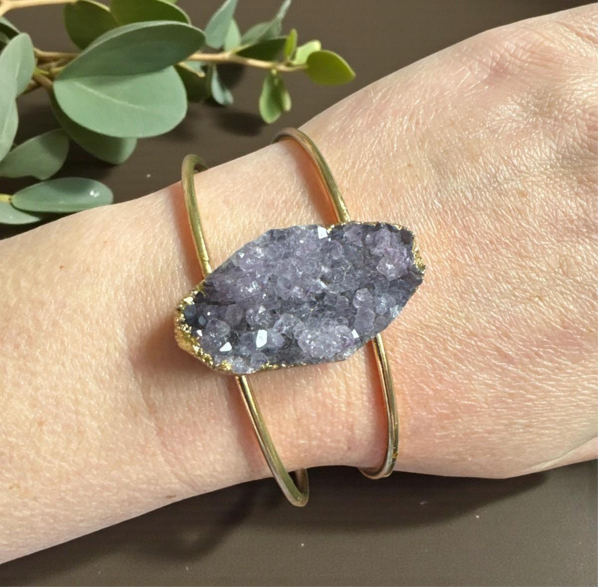 Amethyst Druzy Cuff Bangle: Crystal Healing Bangle. Handmade Gold Plated